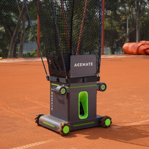 AceMate tennis ball machine on a clay tennis court