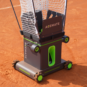 AceMate Tennis ball machine on a clay tennis court