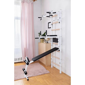 BenchK 233 Swedish Ladder Wall Bars with Dip Bar & Bench White