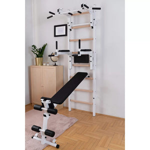 BenchK 233 Swedish Ladder Wall Bars with Dip Bar & Bench White