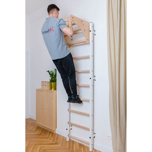 BenchK 711 Swedish Ladder Wall Bars with Wood Pullup Bar White