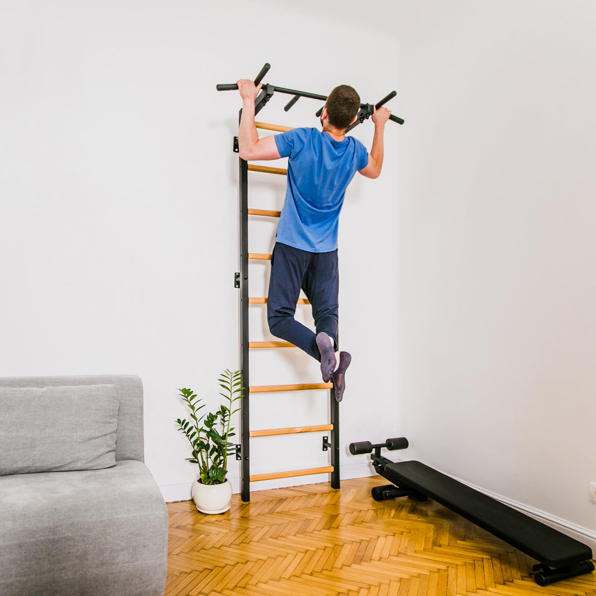 Ladder Roud Bar BenchK 721 Swedish Ladder Wall Bars with Steel Pullup Bar - Top Sports Tech