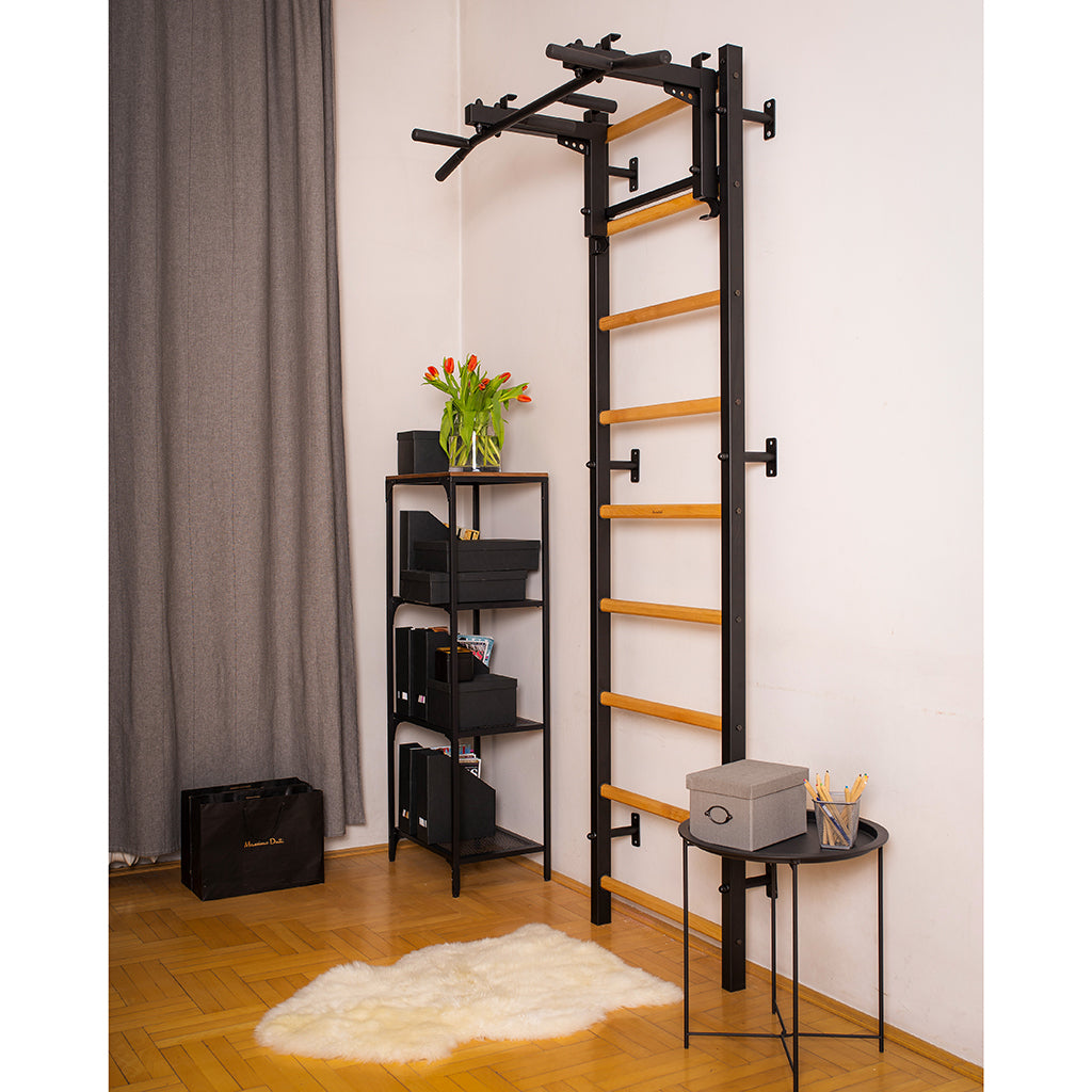 BenchK 731 Swedish Ladder Wall Bars with Steel Pullup Bar Black