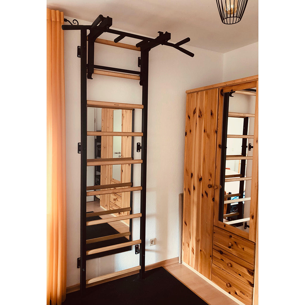 BenchK 731 Swedish Ladder Wall Bars with Steel Pullup Bar Black