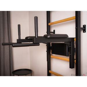 BenchK 732 Swedish Ladder Wall Bars with Steel Pullup Bar & Dip Station Black