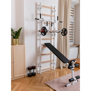 BenchK 732 Swedish Ladder Wall Bars with Steel Pullup Bar & Dip Station White