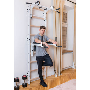 BenchK 732 Swedish Ladder Wall Bars with Steel Pullup Bar & Dip Station White