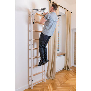 BenchK 732 Swedish Ladder Wall Bars with Steel Pullup Bar & Dip Station White