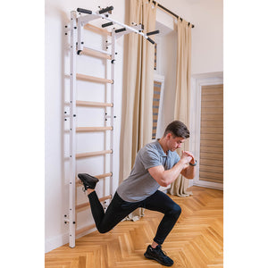 BenchK 732 Swedish Ladder Wall Bars with Steel Pullup Bar & Dip Station White