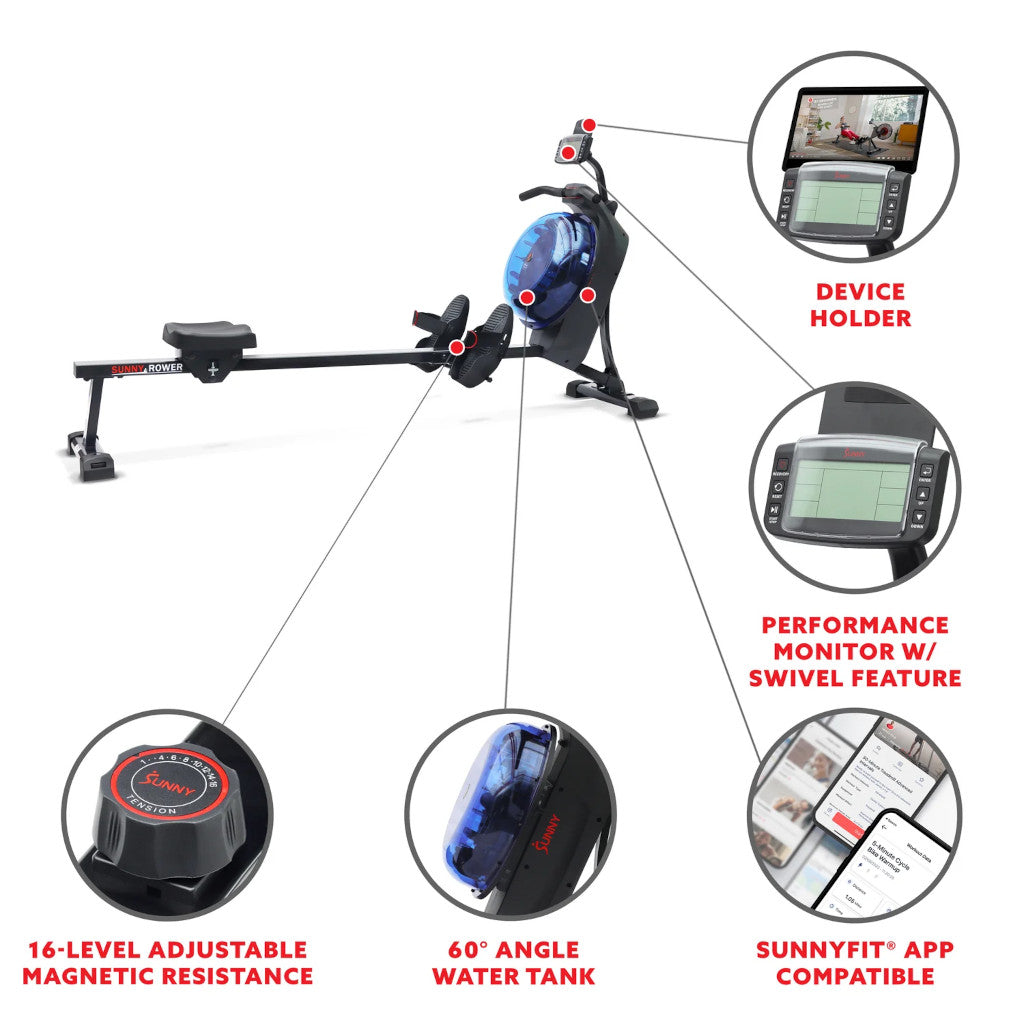 Sunny Hydro + Dual Resistance Smart Magnetic Water Rowing Machine